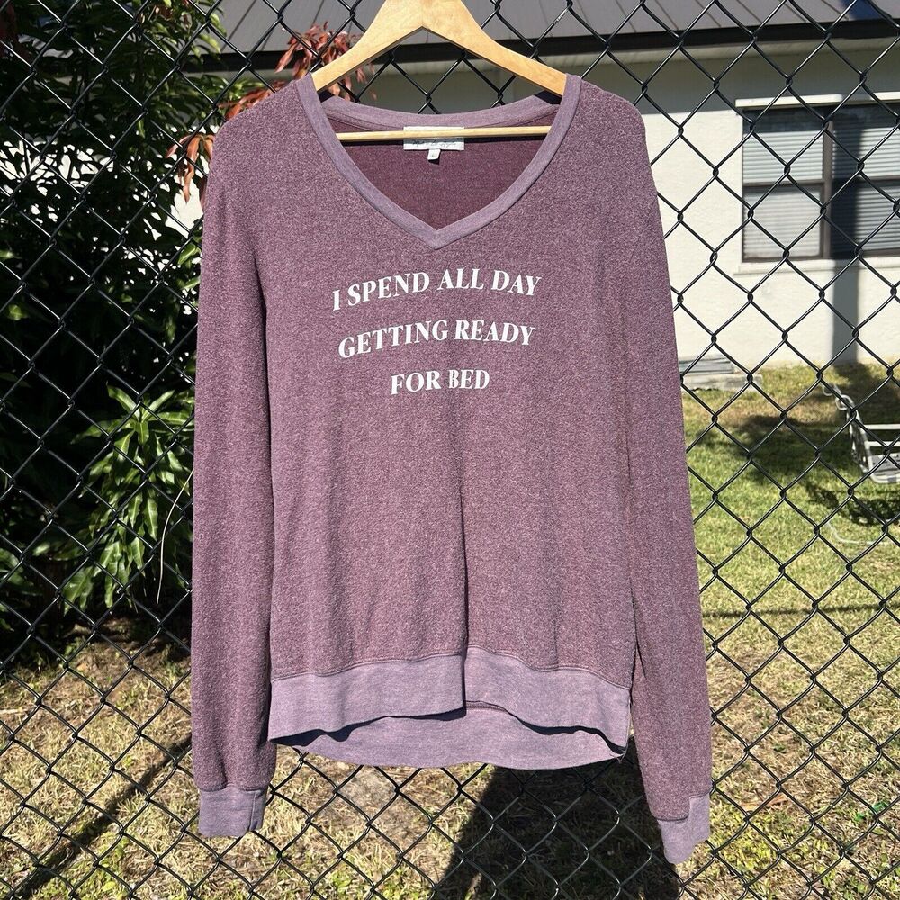 Wildfox Spend All Day Getting Ready for Bed Long Sleeve Sweater Purple Large